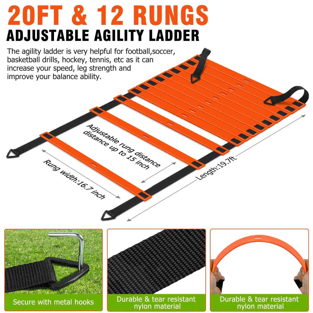 Speed and Agility Training Equipment: 5 Adjustable Agility Hurdles. 20ft Agility Ladder, Soccer Training Equipment Set for Youth Adults