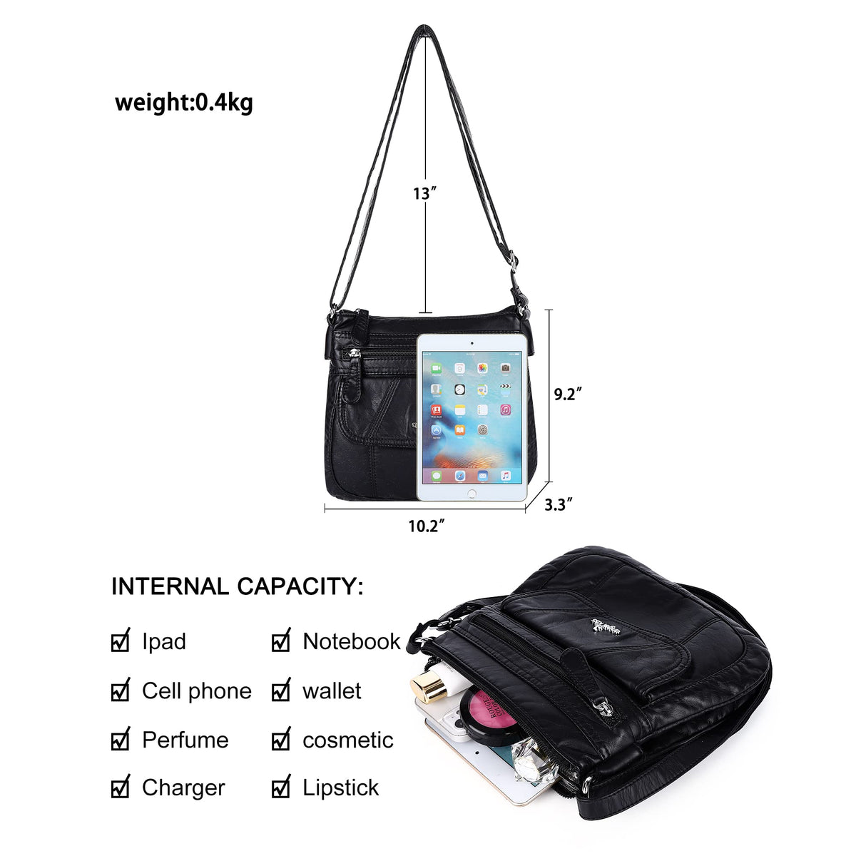 Angelkiss Small Womens Crossbody Bag Leather Shoulder Purse for Women Hobo Bag with Adjustable Shoulder Strap Black