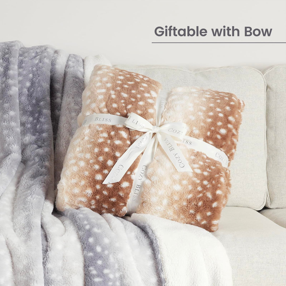 Cozy Bliss Luxury Faux Fur Throw Blanket Deer Print, Non Shedding Reversible Sherpa Blankets Super Soft Fuzzy Thick Warm Throws Home Decor for Christmas Couch Bed Sofa Women (Grey, 60x80 Inches)