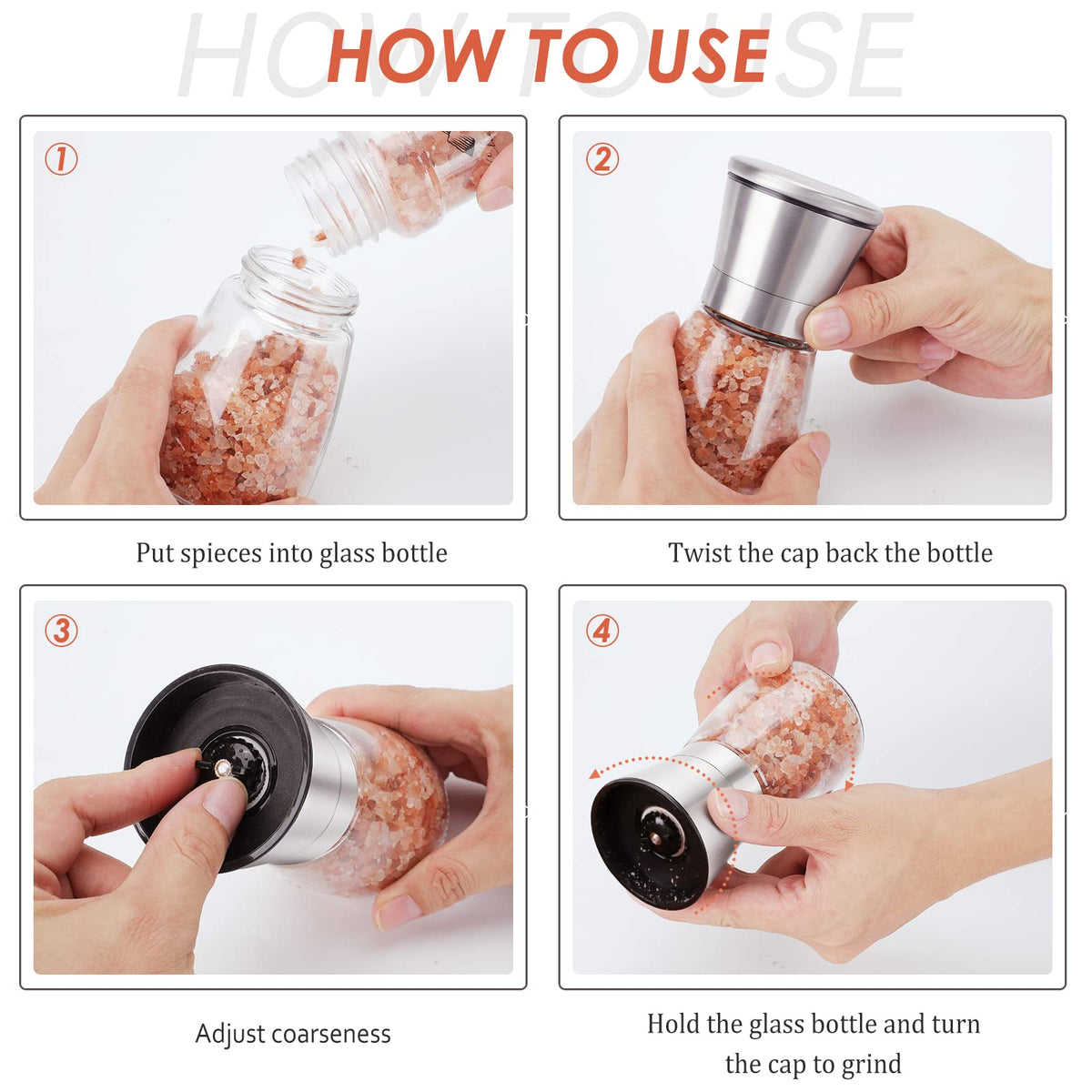 Ebaco Salt and Pepper Grinder Set - Refillable Grinder Adjustable Coarseness of Pepper Salt Spice Stainless Steel Mills Glass 6oz（2 Pack）