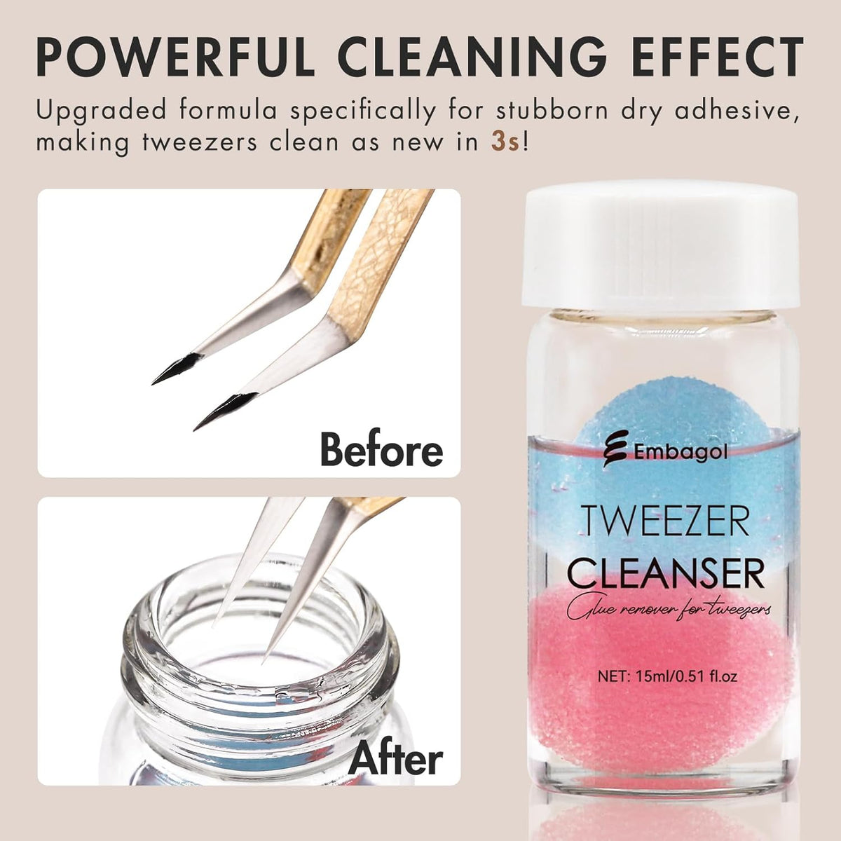 2 Bottles Tweezer Cleanser for Eyelash Extensions Tweezers Glue Remover Liquid for Lash Tools with 2 Spongeballs(2 Bottles Cleanser)