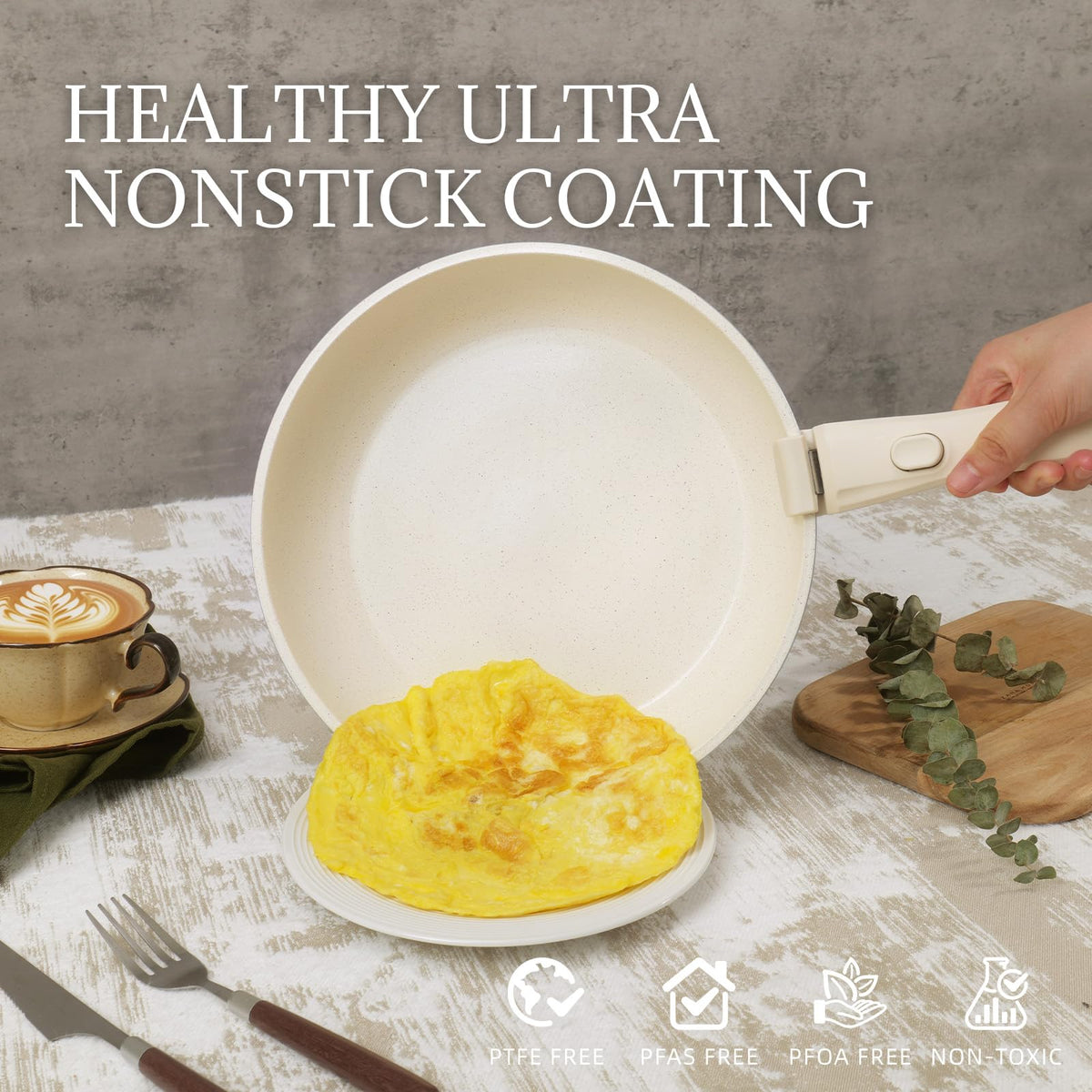 Ceramic Cookware Set Non Stick 8Pcs Pots and Pans Set Detachable Handle Induction Kitchen Cooking Set with Frying Pans Oven Dishwasher Safe, PFAS/PFOA Free, Cream White
