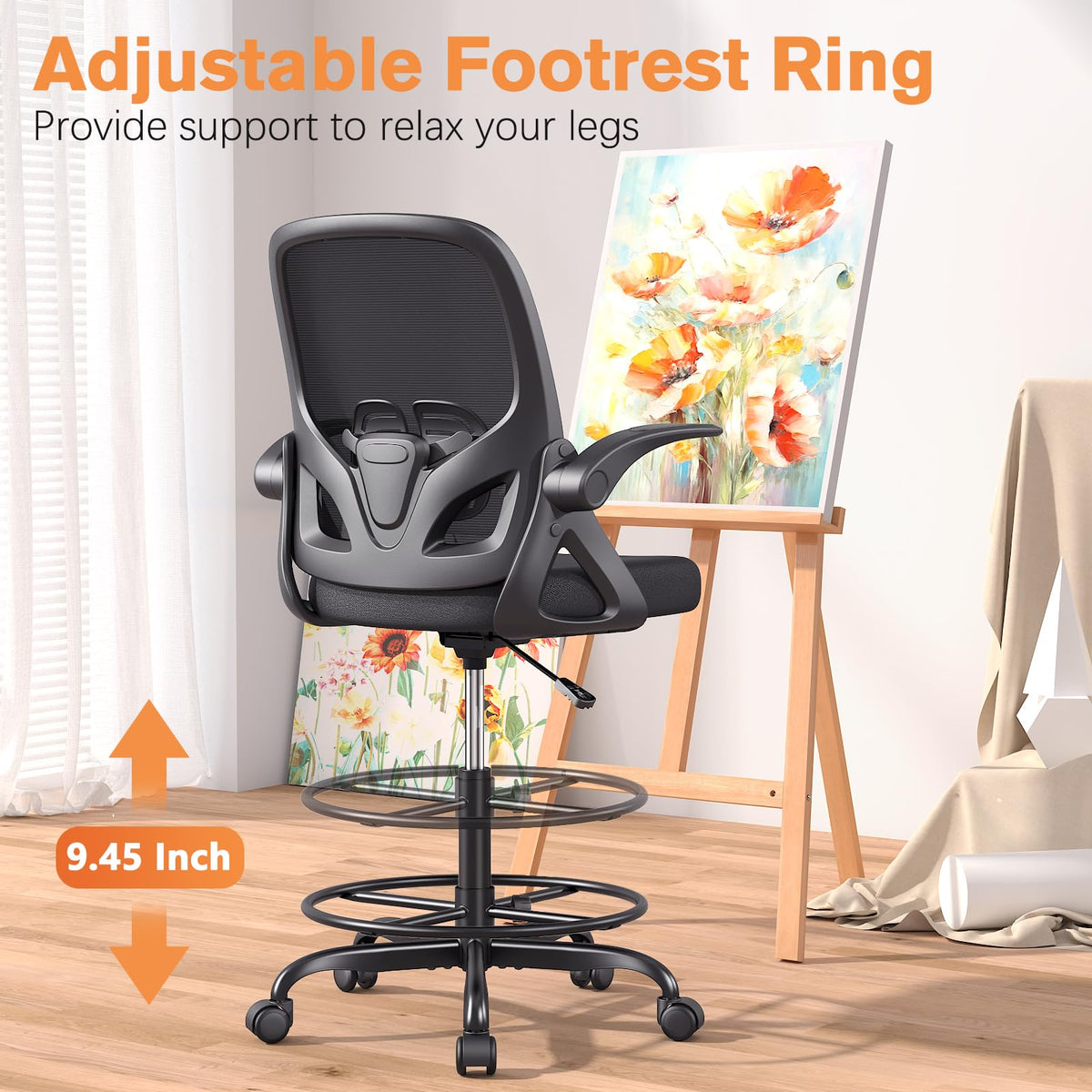 ORRSAKER Tall Drafting Chair with Lumbar Support and Footrest Ring, Supportive Tall Extended Height Ergonomic Desk Chair for Home Work, Breathable Mesh Office Chair with Flip up Arms(Black)