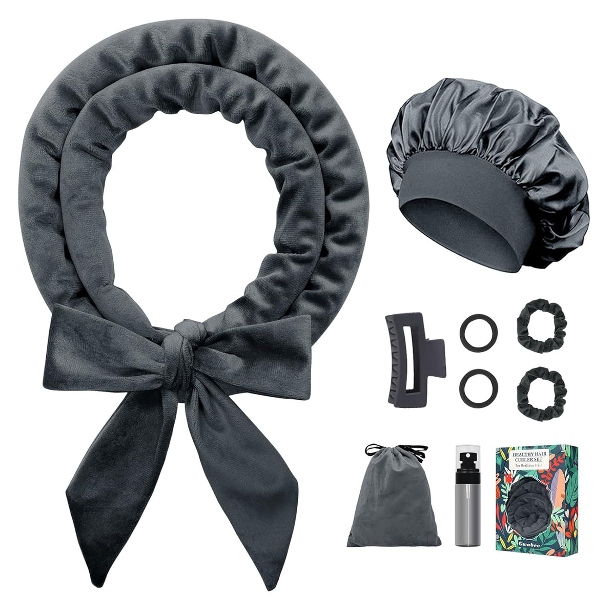 No Heat Overnight Hair Curlers Headband, 70" Soft Ribbon Curl Wrap for Long Hair - 9 PCS Curling Rods Set - Grey