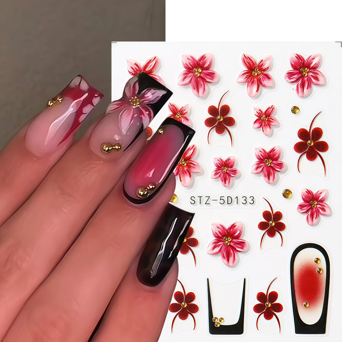 Flowers Nail Art Stickers Decals 5D Embossed Self-Adhesive Summer Flowers Nail Stickers French Tip Design Nail Decals Spring and Summer Flower Sticker for Women DIY Manicure Decoration Supplies