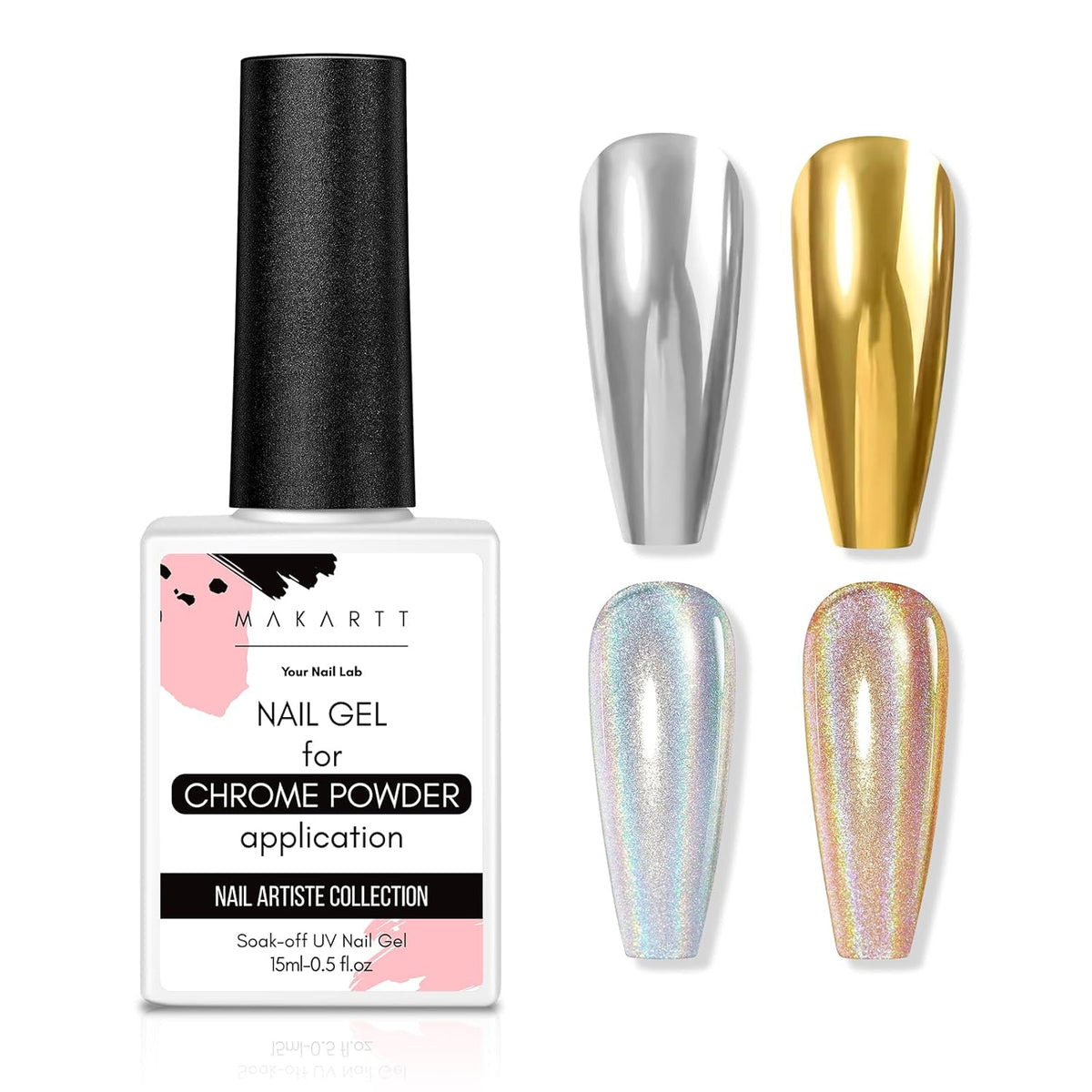 Makartt Gel Top Coat for Chrome Nail Powder - 15ml Clear No Wipe High Gloss Top Coat Gel Nail Polish Mirror Shine Long Lasting Easy Application, Soak off UV Lamp, DIY Home Salon Art Design