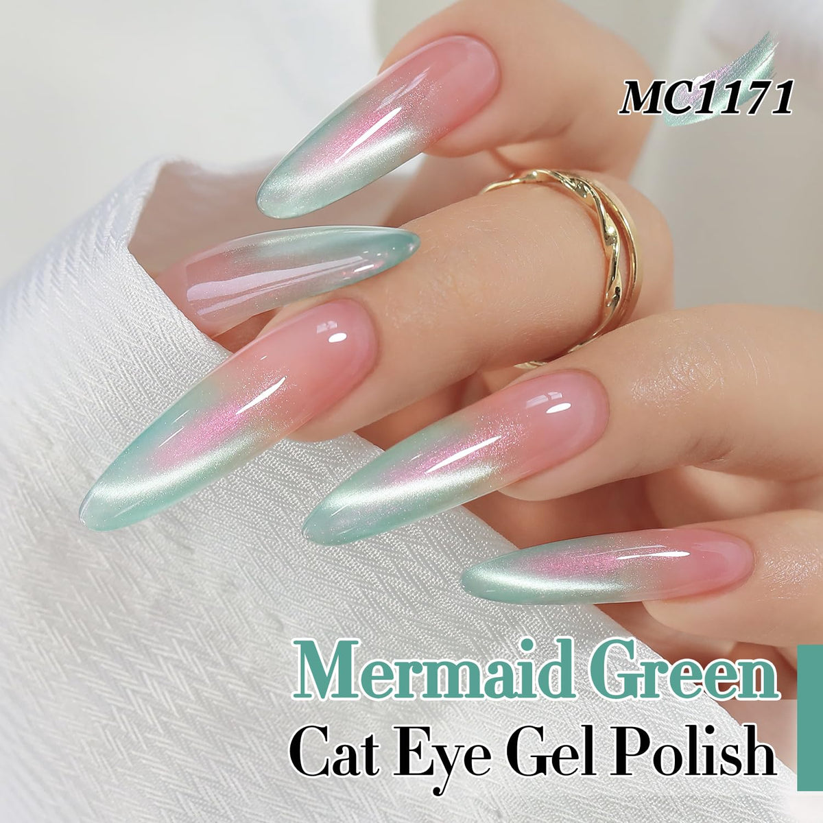 Double Rhythm 0.5 Oz Cat Eye Gel Polish with Magnet Same Color Same Bottle Holographic Glitter Shimmer Translucent Color Salon 15 ML Magnetic Nail Art (Mermaid Green-MC1171)