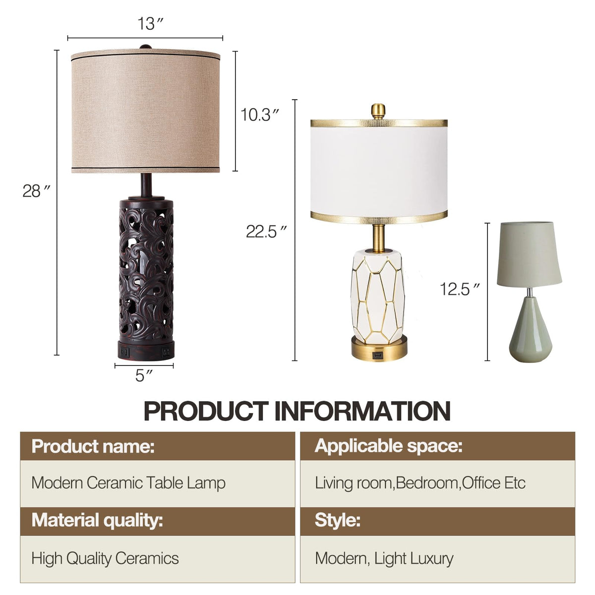 AIDENOEY Set of 2 Table Lamps with Night Light, 28" Farmhouse Table Lamp with USB A+C Ports,Brown Ceramic Bedside Lamp with Fabric Shade for Living Room,Bedroom,Home,Office(2 Bulbs Included)