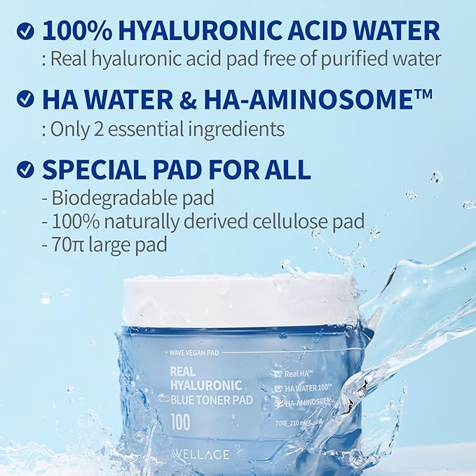WELLAGE Wellage Real Hyaluronic Blue 100 Toner Pad for Deep Hydration and Gentle Exfoliation - Korean Daily Moisturizing and Soothing Facial Pads with High Purity of Hyaluronic Acid, 70pads