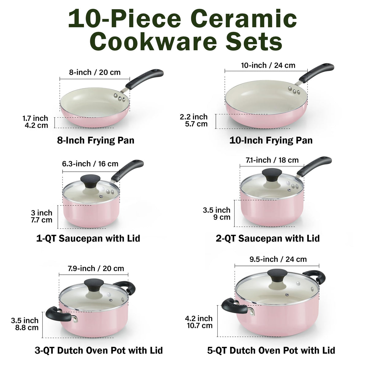 Cook N Home Pots and Pans Set Nonstick, 10-Piece Ceramic Kitchen Cookware Sets, Nonstick Cooking Set with Saucepans, Frying Pans, Dutch Oven Pot with Lids, Pink