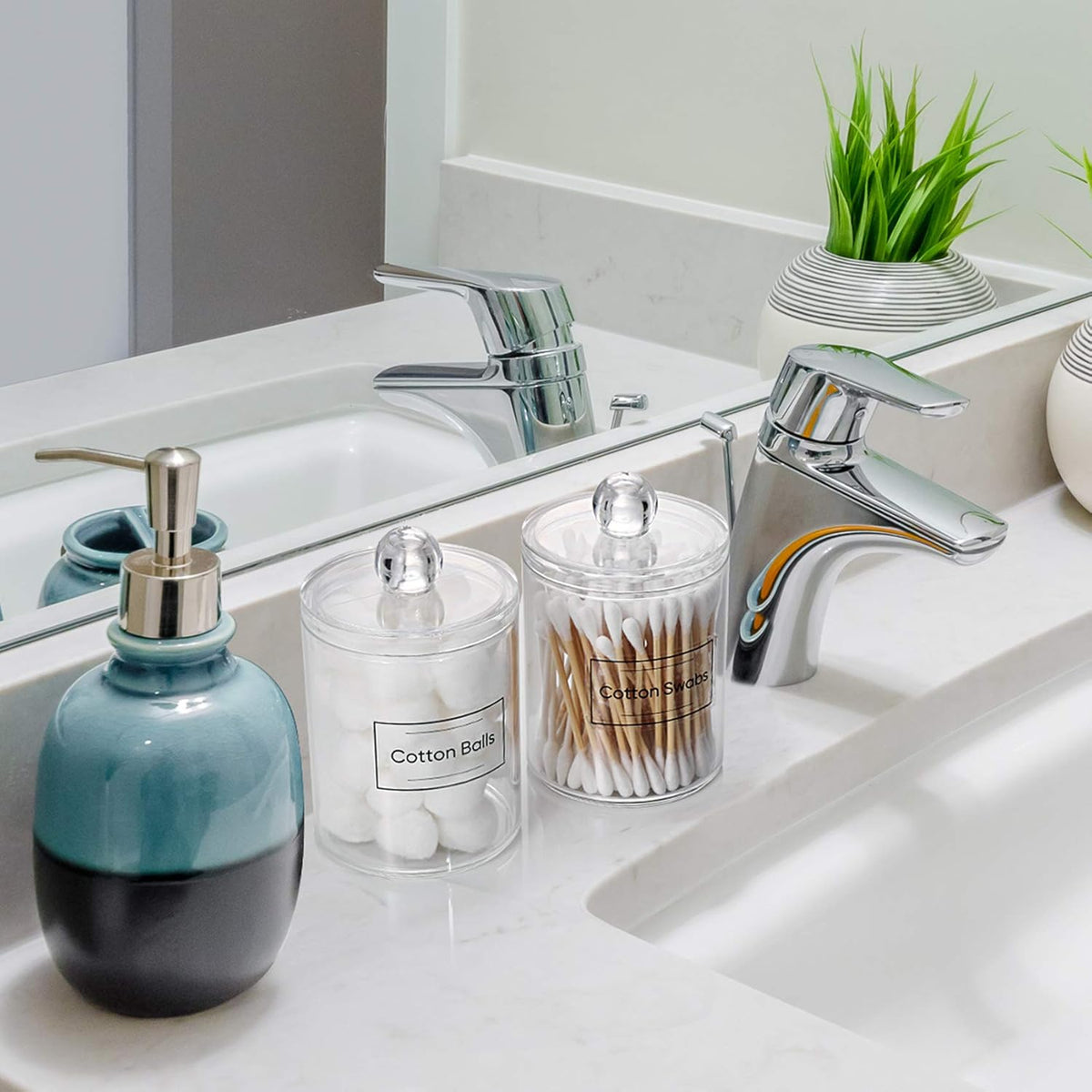 2 Pack Acrylic Qtip Holder Dispenser for Cotton Swabs, Balls, Pads, Floss Picks- Small Clear Plastic Canister Apothecary Jar Set, Bathroom Essentials Accessories Decor, Vanity Makeup Storage Organizer