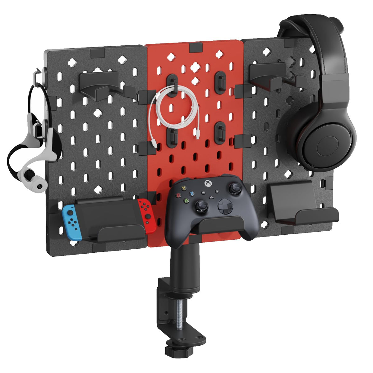 PEGZONE Modular Headphone and Controller Holder for Game, Clamp-on Pegboard, Rotatable Controller Stand with Cable Hooks, Gaming Accessory for Xbox PS5 PS4 Nintendo Switch, 3Pcs Pegboard, Red