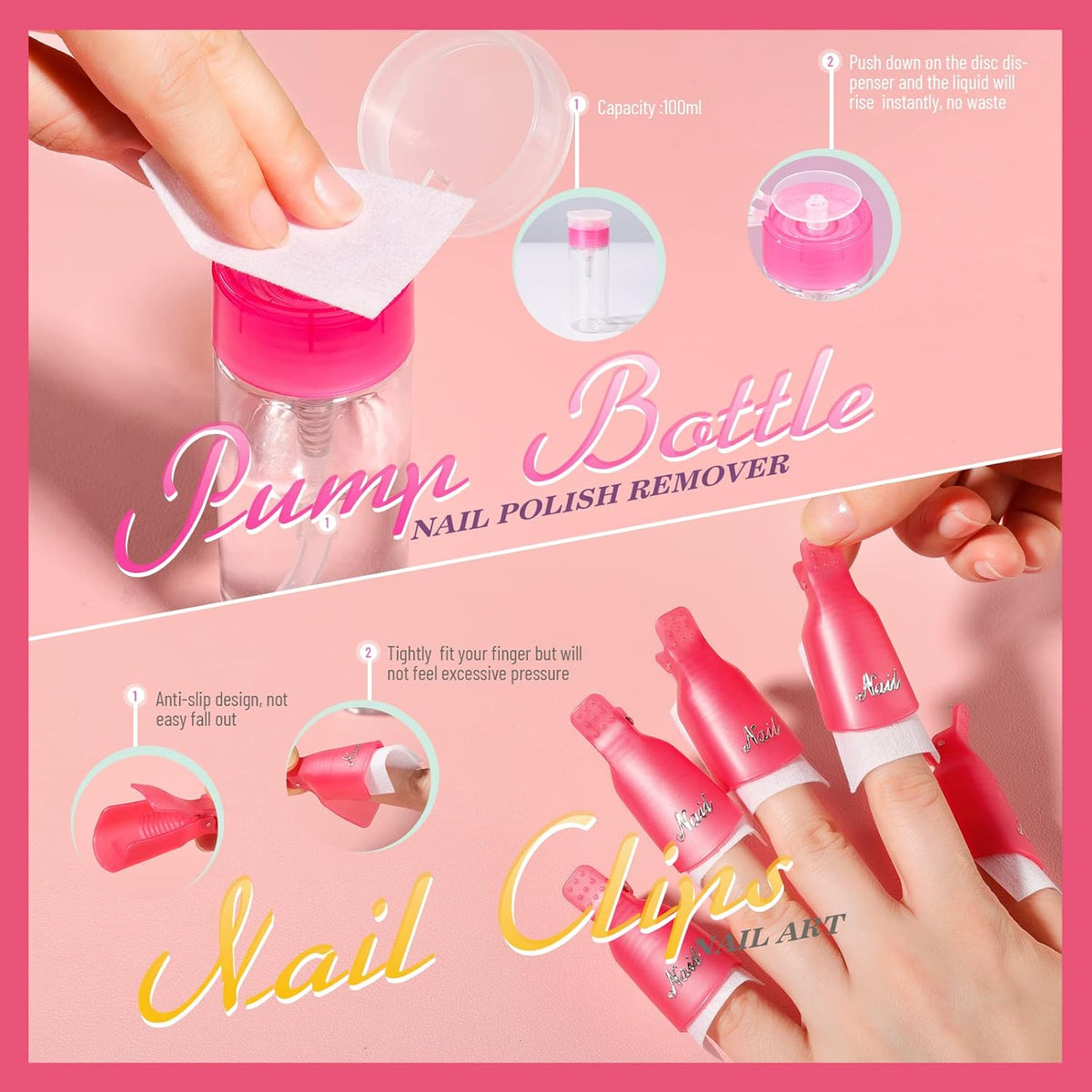 Teenitor Gel Polish Remover Kit, Nail Clips, Cuticle Nipper Cuticle Pusher, Nair Care Cuticle Oil, Teenitor Nail Gel Polish Dipping Powder Remover Tools Kit Pink