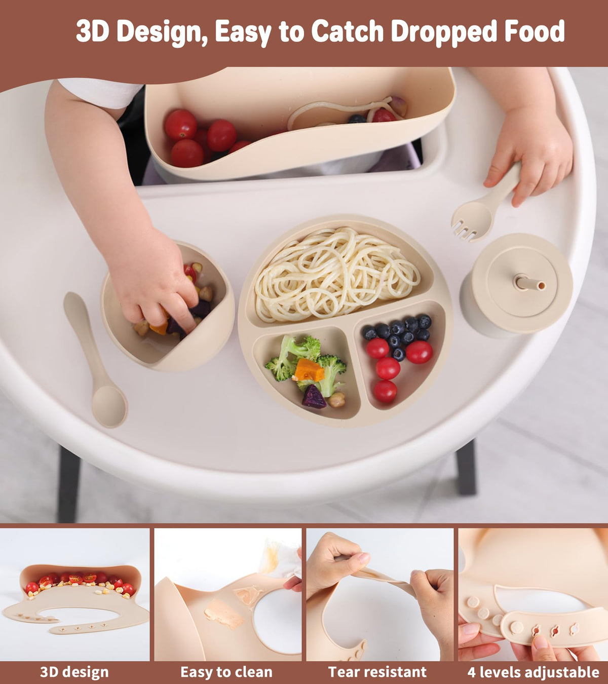 ECLIP Silicone Baby Feeding Set, 10 Pcs Baby Eating Essentials with Suction Bowl Divided Plate Adjustable Bib Soft Spoon Fork Snack Cup with Lid Drinking Cup, Utensil (Beige)