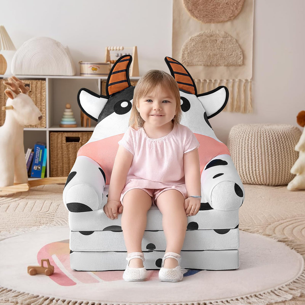 Kids Sofa Comfy, Adorable Animal Toddler Chair, Foldable Kids Couch with Removable Washable Cover, Soft & Breathable Fabric, No Assembly Needed, Foldable Baby Sofa(Dairy Cow)