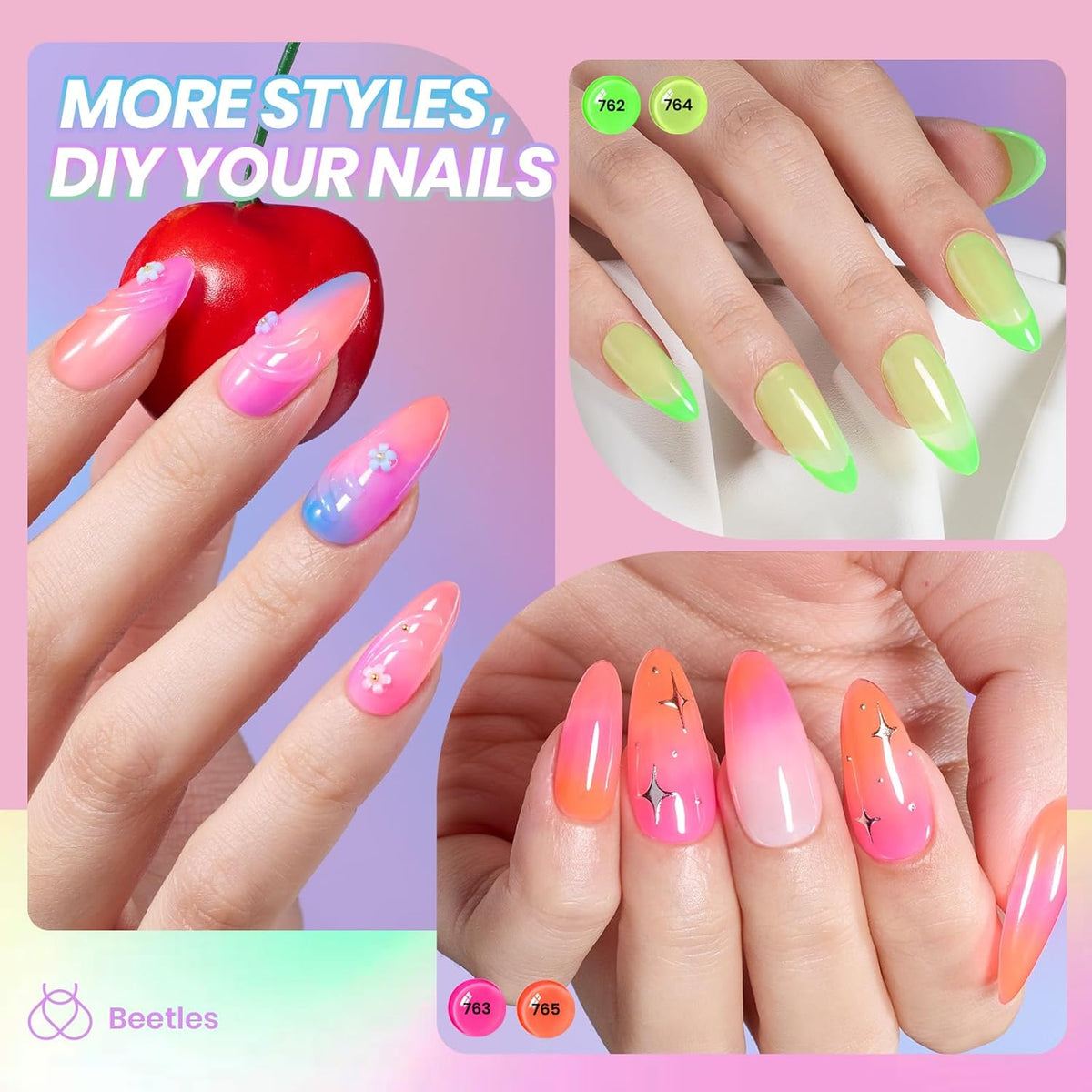 Beetles Neon Gel Nail Polish Set, 6 Colors Summer Jelly Gel Polish Kit Sheer Hot Pink Green Orange Purple Blue Yellow Translucent Effect Soak Off UV French Nail Art Manicure Gift for Women