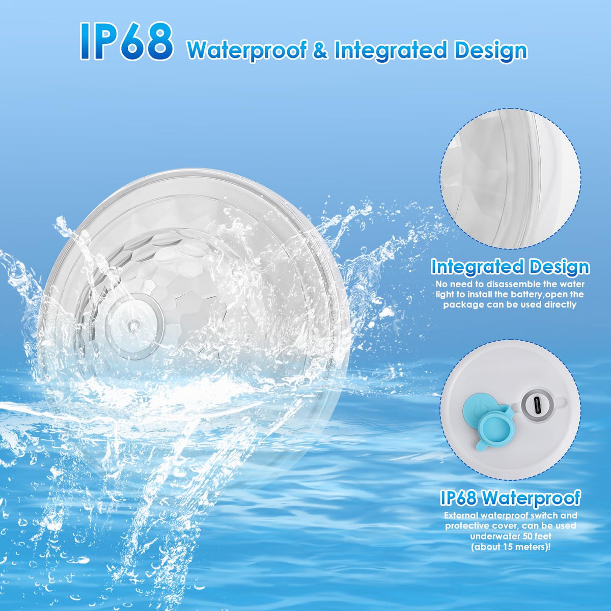 QOLNBY Floating Pool Lights, Rechargeable Pool Lights with 6 Dynamic Lighting Effects, Upper and Lower Color Changing Floating Light, IP68 Waterproof Lights for Pools, Hot Tubs, Fountain 1 Pack