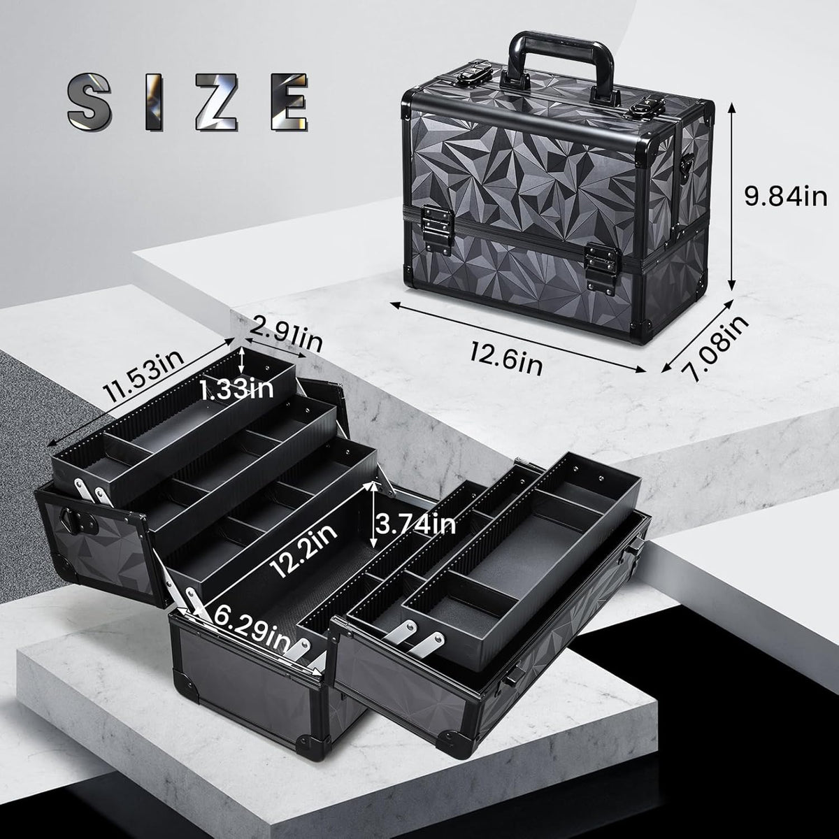 FRENESSA Makeup Case Extra Large Makeup Train Case 12.6 Inch Makeup Box Organizer Profressional Make Up Cases Storage Cosmetic Artist Travel Case with Divider Shoulder Strap Hard Vanity Dark Black