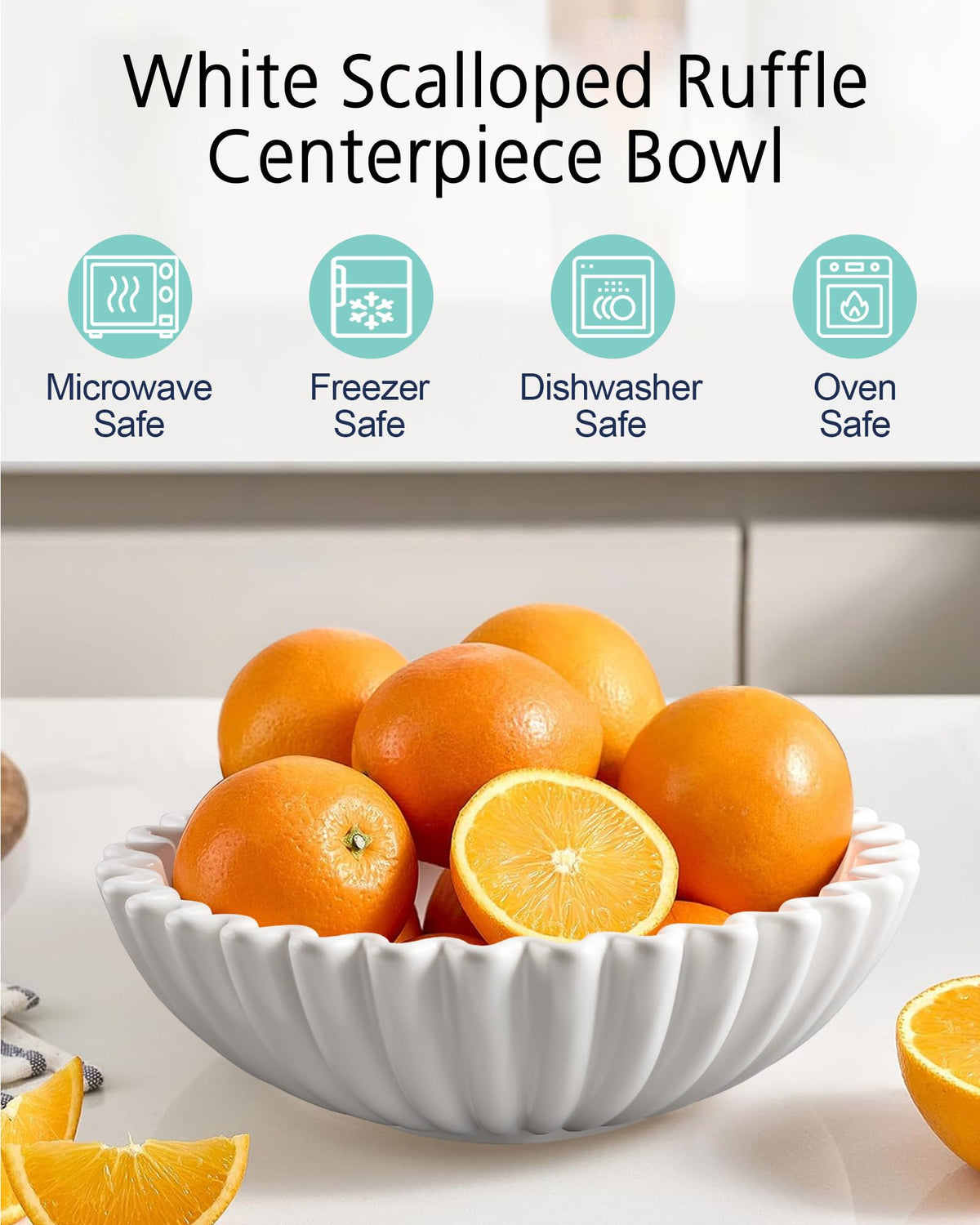 Handmade Ceramic Fruit Bowl for Kitchen Counter, Large Decorative Bowl for Home Decor, White Scalloped Ruffle Bowl for Centerpiece, Entryway Bowl, Microwave and Dishwasher Safe, 10" L x 10" W x 3.2" H