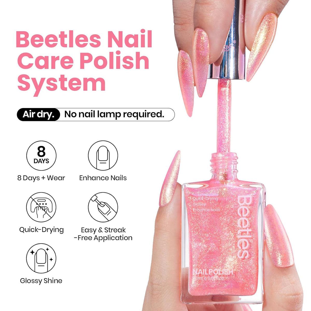 Beetles Pink Nail Polish - 15ML Quick Dry Nail Polish Glitter Gold Pink Nail Lacquer Shimmer Fingernail Polish Art Effect for Nail Salon-Quality