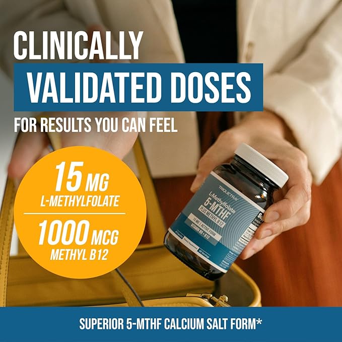 L Methyl Folate 15mg Plus Methyl B12 Cofactor – High Potency, Active 5-MTHF Form - Supports Mood, Methylation, Cognition – Bioactive Forms of Vitamin B9 & B12 (60 Capsules – 60 Servings)