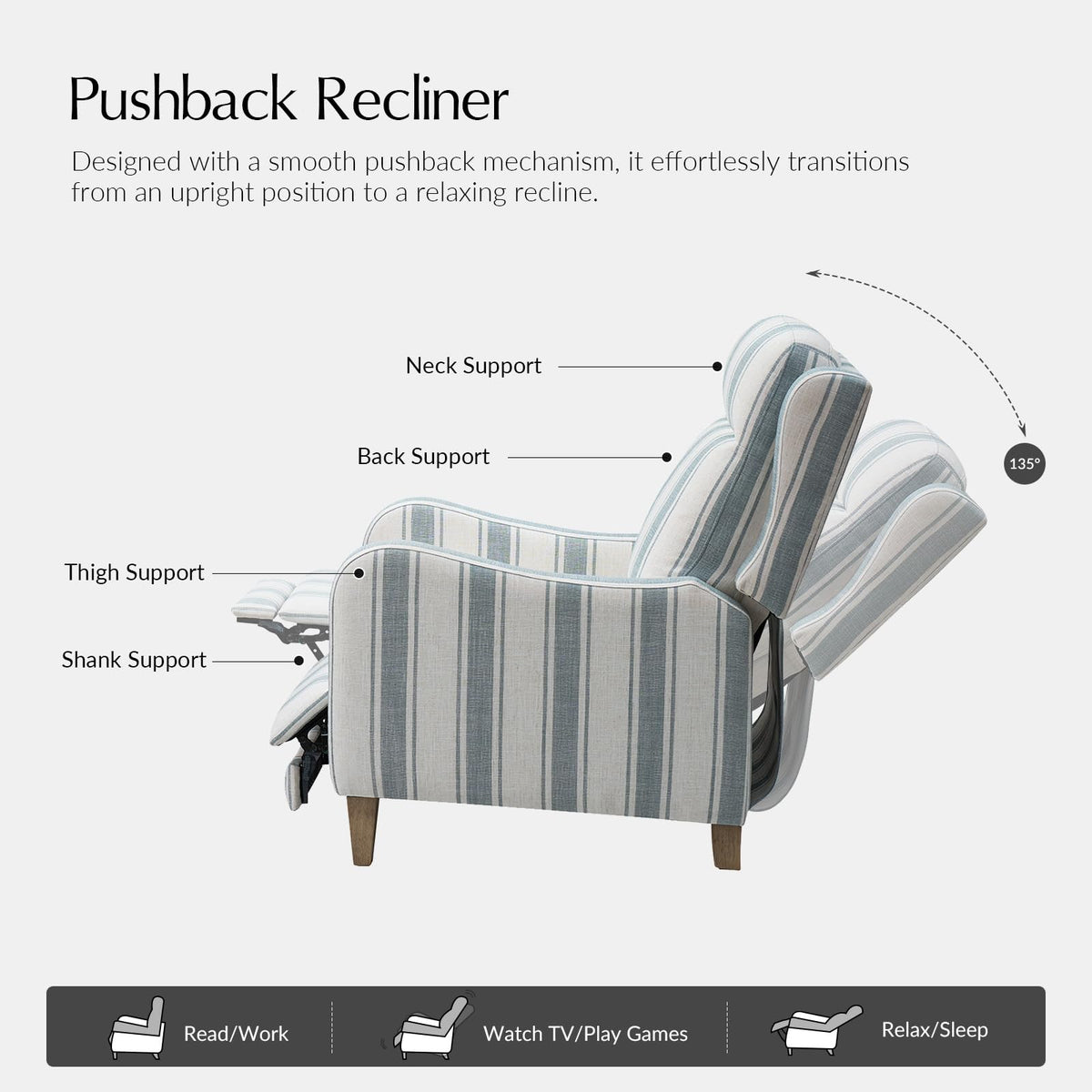 HULALA HOME Pushback Recliner Chair with Solid Wood Legs, Fabric Striped Comfy Upholstered Seating with Footrest, Armchair for Living Room/Reading, Blue