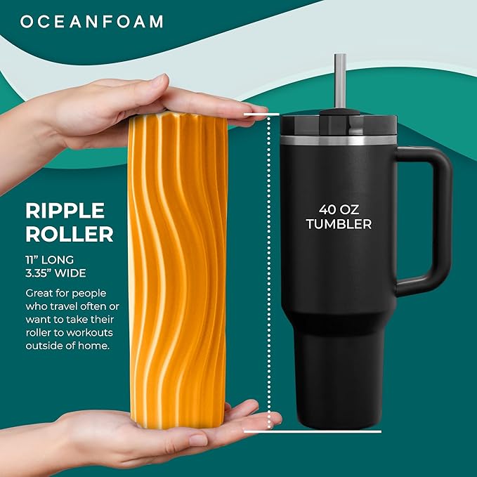 Oceanfoam Ripple Travel Foam Roller (11" x 3.35") Firm Mini Foam Roller for Physical Therapy, Deep Tissue Massage, Back Pain - High Density, Ergonomic Wave Textured - Yoga, Pilates, Exercise (Gold)