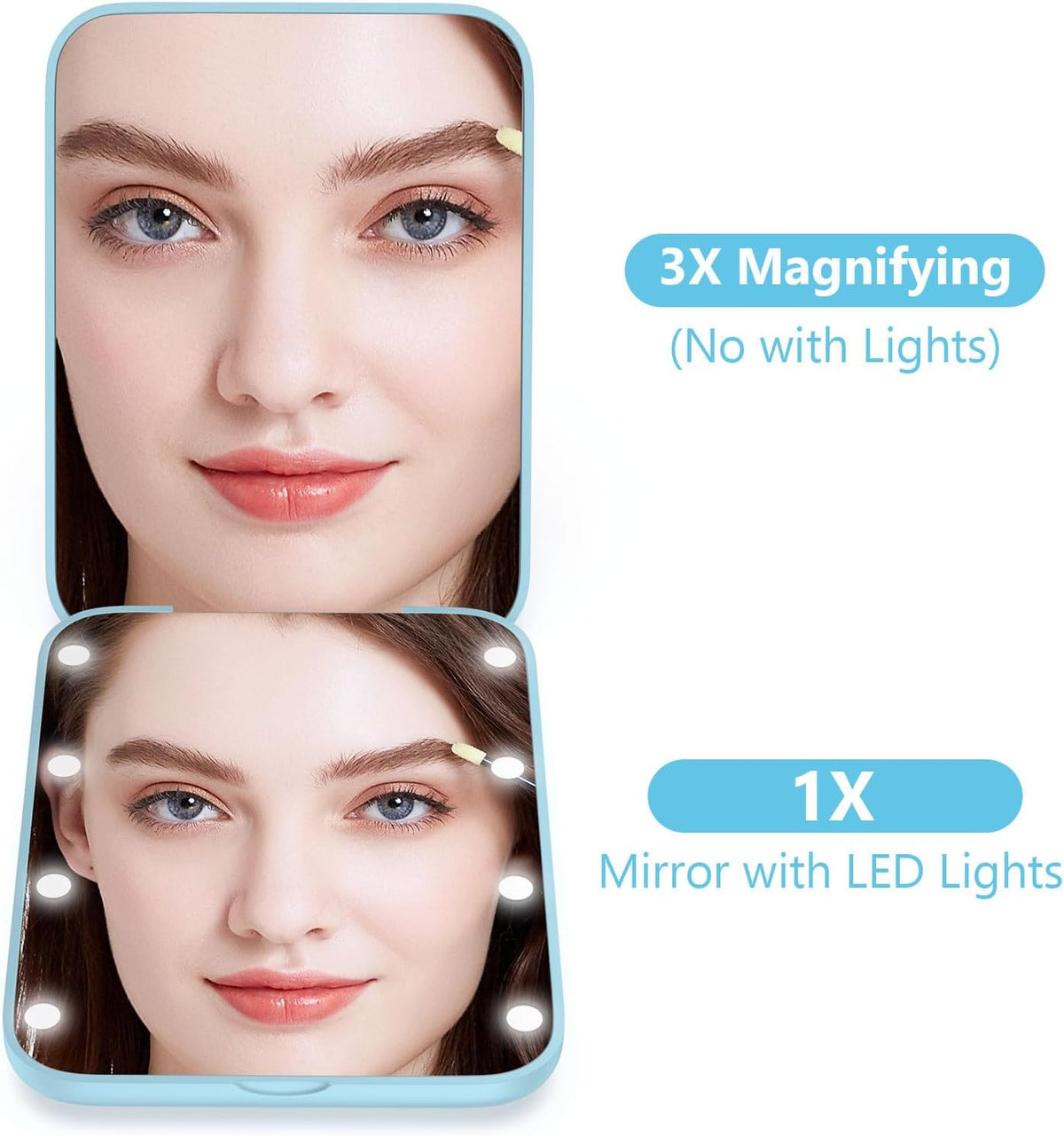 WOBSION Small Mirror with Lights,LED Compact Makeup Mirror,1x/3x Mini Travel Mirror with Magnification,Portable for Purse,Pocket,Gifts for Girls,Blue