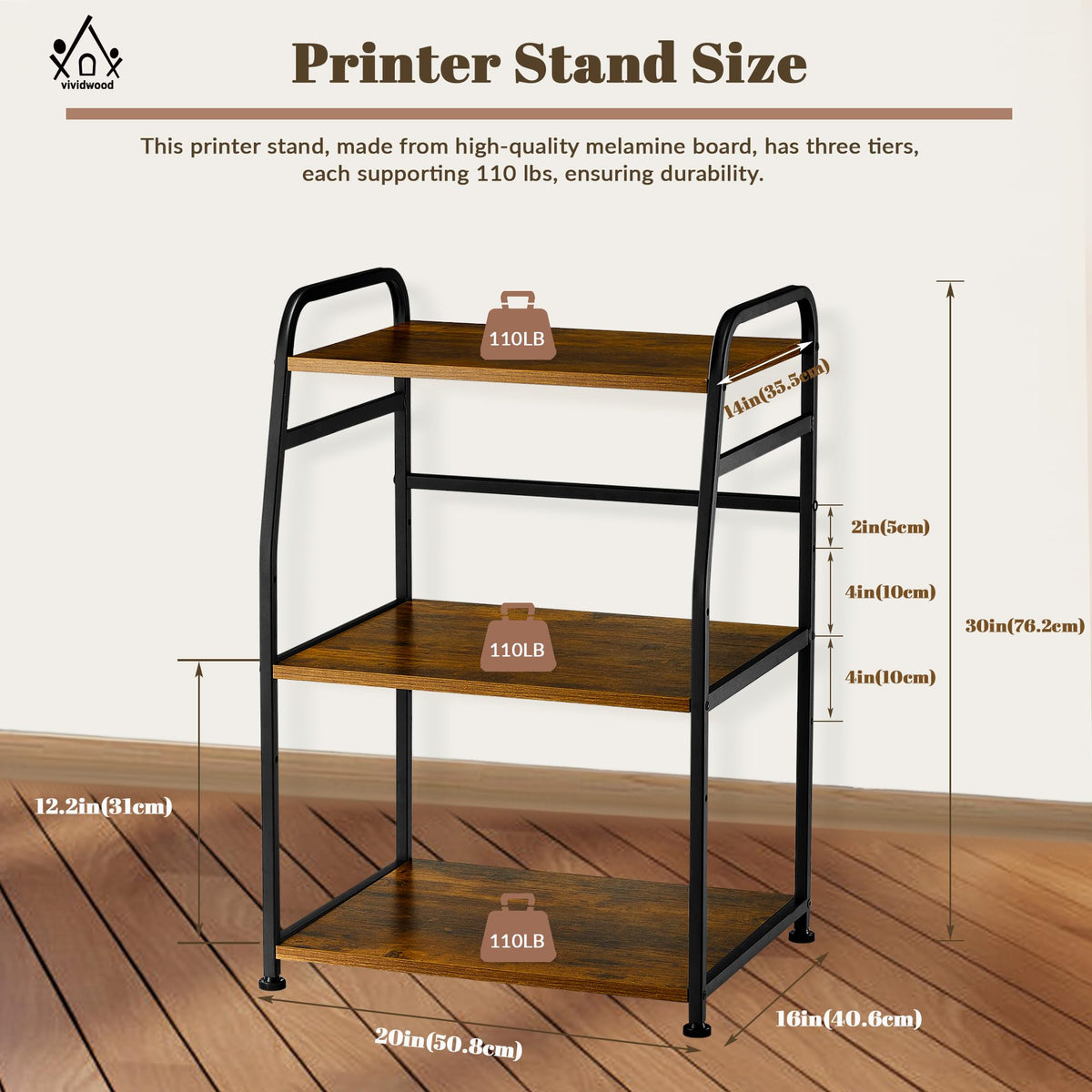 Vividwood Printer Stand - Large 3 Tier Printer Table with Adjustable Storage Shelf - Rolling Cart with Wheels -Stable Desk for Home Office Use (Rustic Brown)