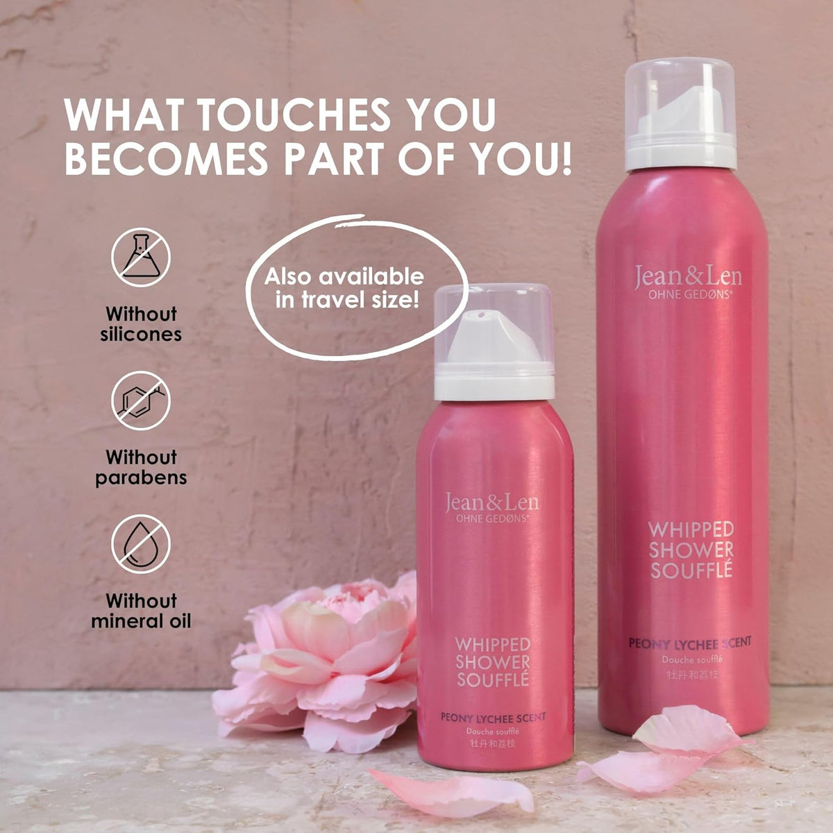 Jean & Len Shower Soufflé Peony & Lychee, with almond, jojoba & babussa oil, for a fragrant cleansing experience, for normal to dry skin, shower foam, without parabens & silicones, vegan, 6.76 Fl. Oz.