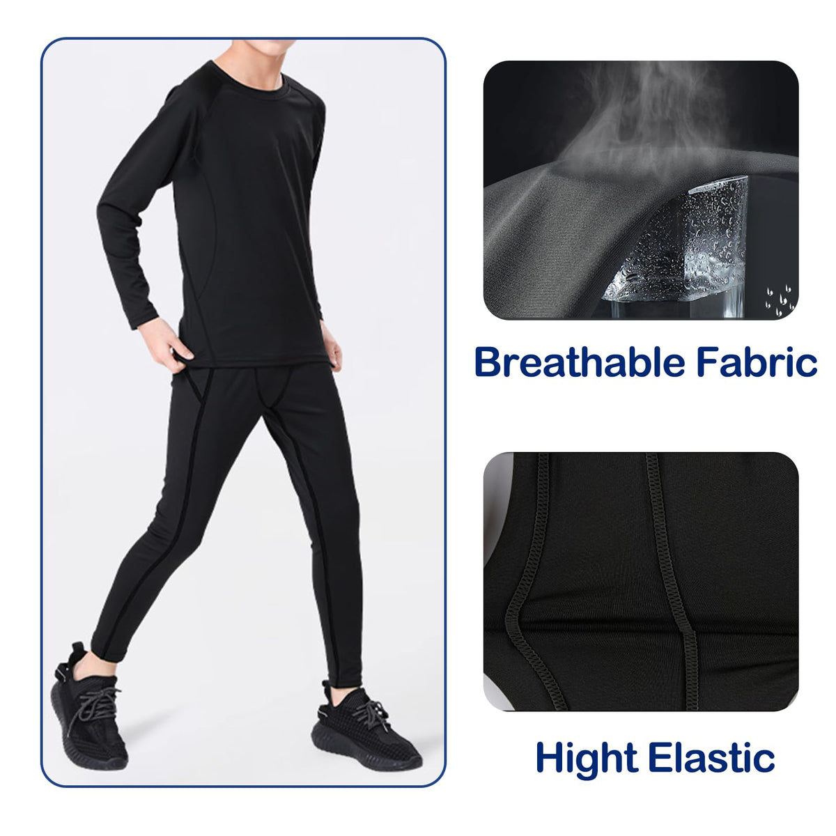 SS COLOR FISH Boys Compression Shirt Long Sleeve and Pants Set Youth Undershirts Athletic Tights Baselayer for Kids Baseball Black