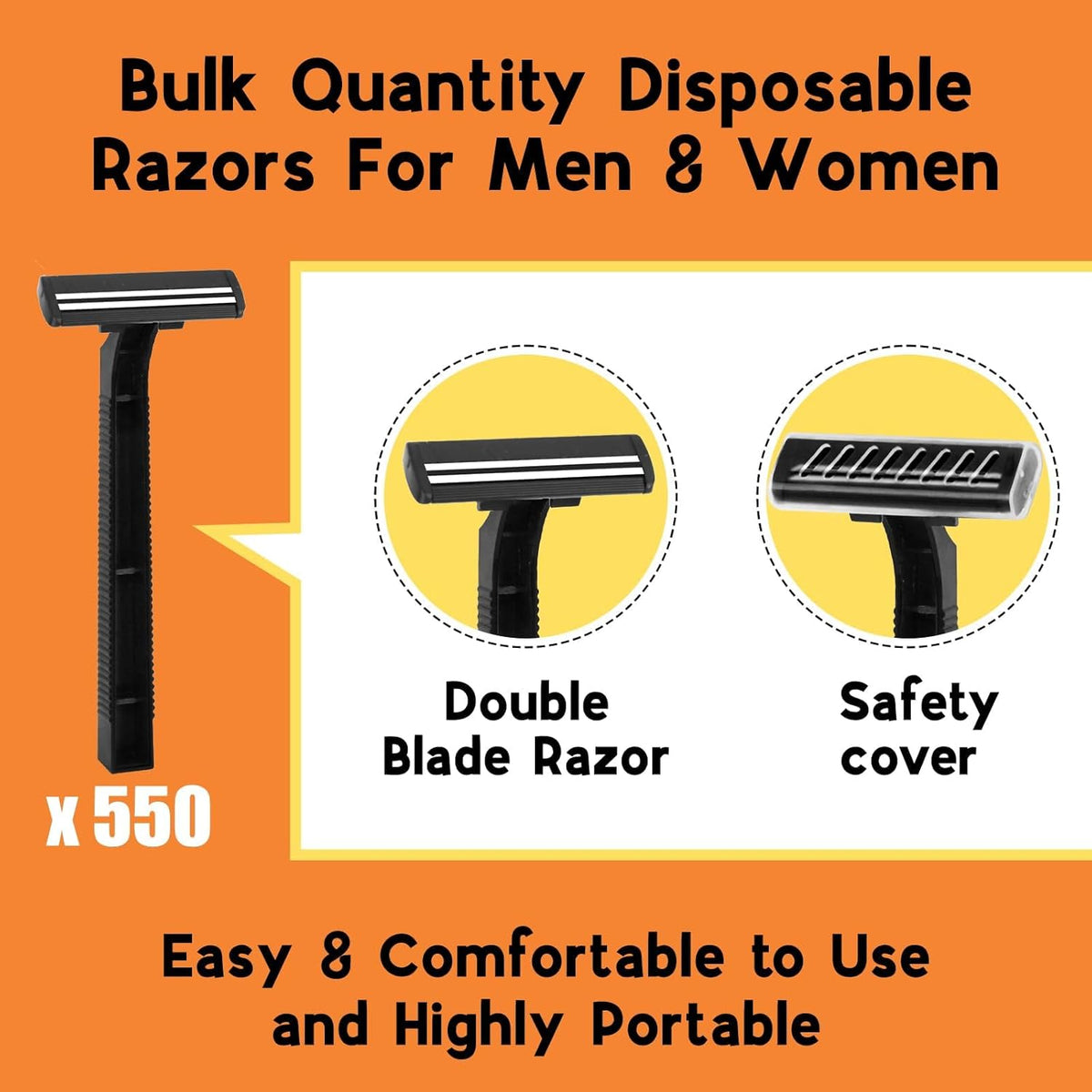 CXYARY 550 Pcs Twin Blade Disposable Razors With Clear Safety Cap, Shaving Razors Bulk for Men &Women, Stainless Steel Blade, Multipurpose Portable Shave Razor for Bathing Hotel Travel, Black