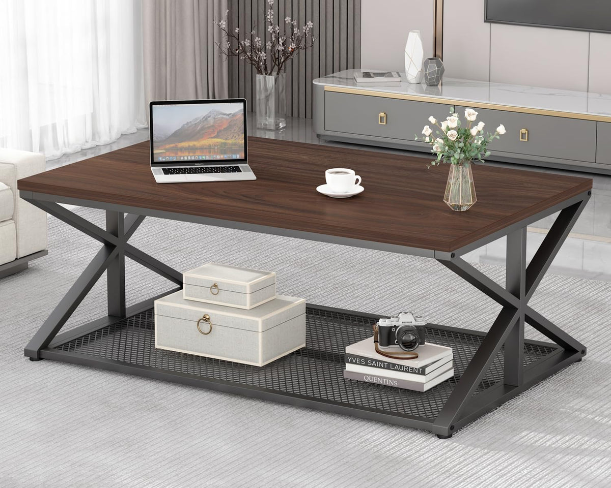 IBF Walnut Coffee Table with Storage, Industrial Wood Metal Rectangle Living Room Table, Vintage 2 Tier Middle Center Table with Mesh Shelf, Walnut, 47 inch