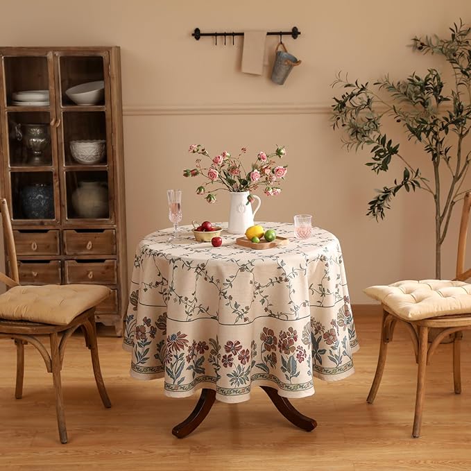 patdrea Designer Vintage Linen Round Table Cloth,Durable Breathable Floral Tablecloth,Dacorative Table Covers for Kitchen Dining Tea Party,Holiday,Christmas,Thanksgiving,Diameter 67"-Oliveirad