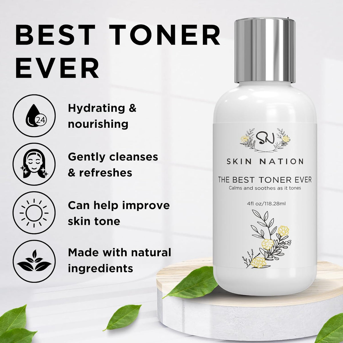 Skin Nation Hydrating Gentle Rosewater Toner with Aloe Vera and Chamomile, Alcohol-Free and Paraben-Free, for Dry, Sensitive, Oily and Combination Skin, 4 fl oz