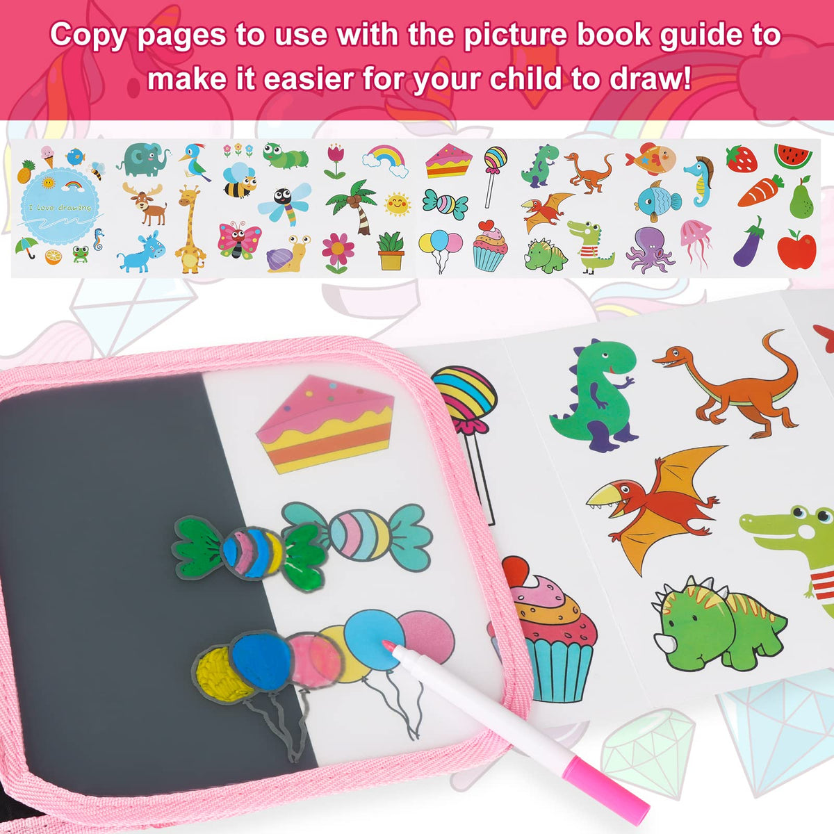 Qrytoi Erasable Book Doodle Set for Kids,Magic Drawing Book for Kids,Reusable Drawing Book 12 Watercolor Pens 14 Page Drawing,Road Trip Car Game Writing Painting Set for Boys and Girls
