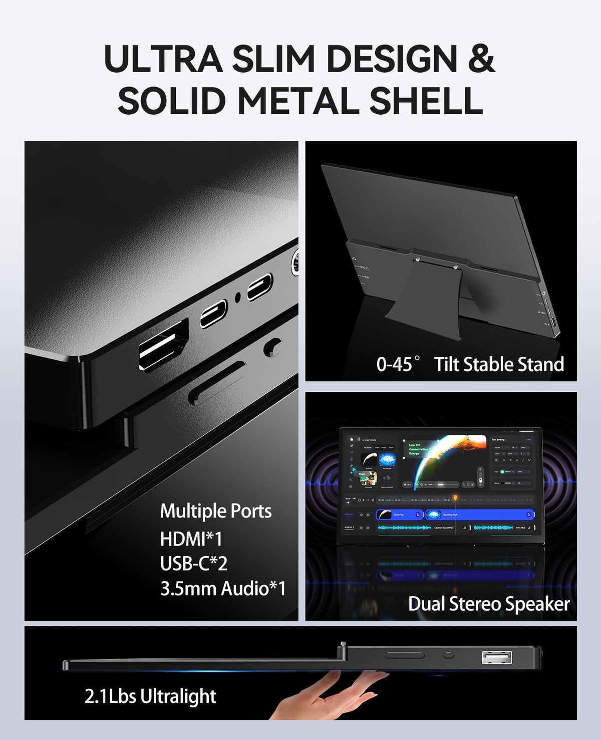 4K Portable Touch Monitor, 15.6" inch 3840 * 2160 UHD w/USB-C HDMI Laptop Monitor, 2000:1 100% RGB IPS ，Aluminum Alloy Shell,10-Point Touch，Dual Speaker, HDR, for Home, Work