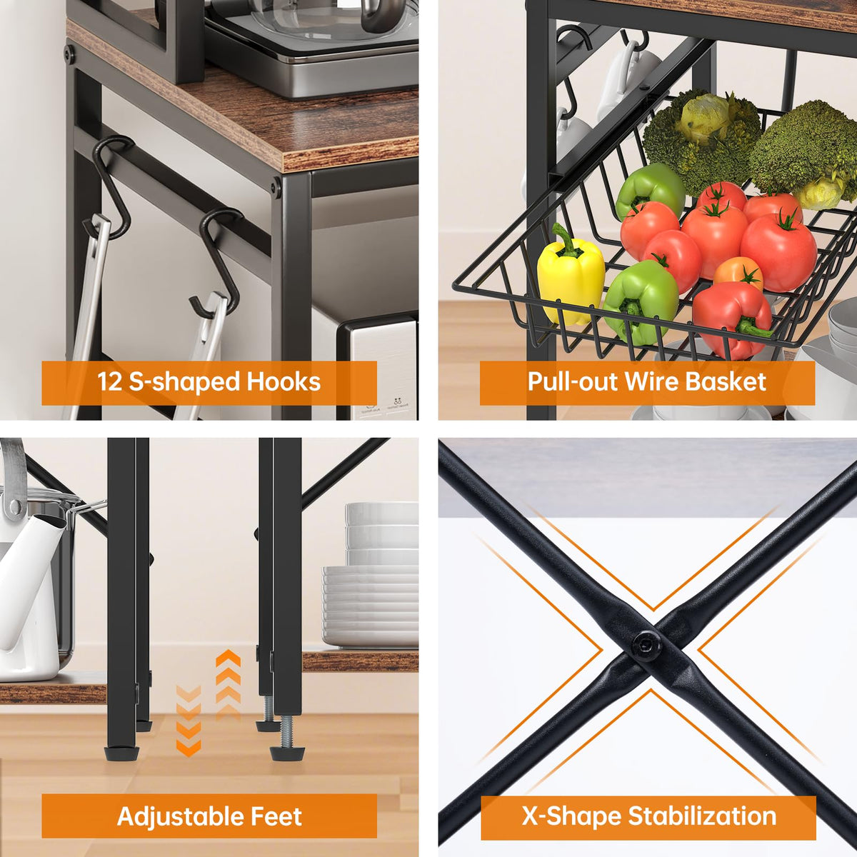 Airynee Bakers Rack with Power Outlet, 7-Tier Microwave Stand, Large Coffee Bar Stand with 12 Hooks & Wire Basket, Metal Kitchen Shelf Organizer for Pots, Spices, Easy Assembly, Rustic Brown
