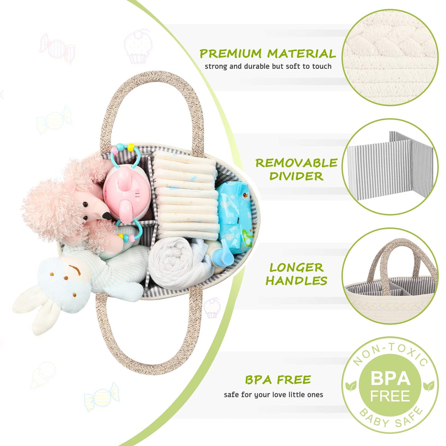 Maliton Baby Diaper Caddy Organizer, X-Large Cotton Rope, Rustic Style, Portable, 3 Compartments, A-Brown