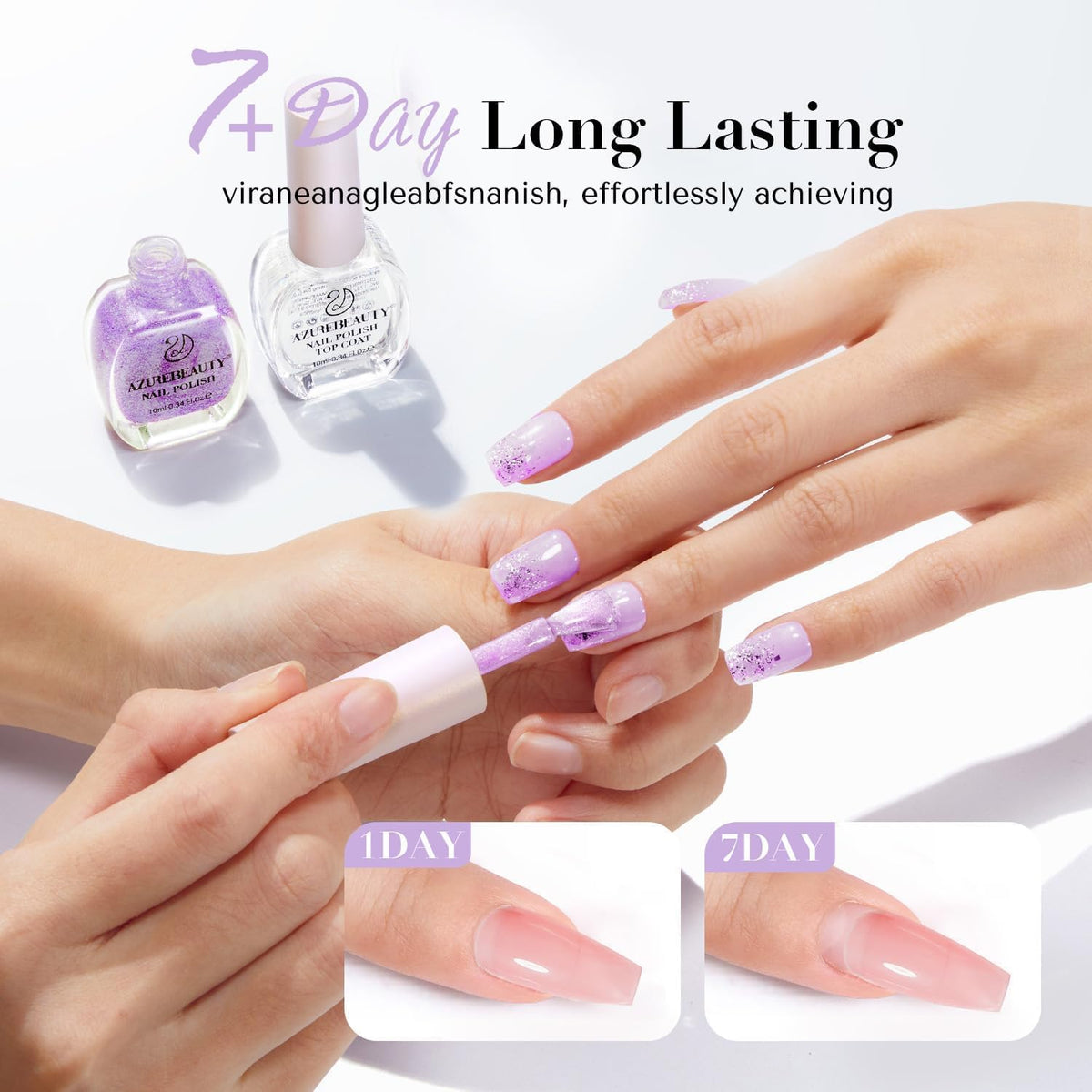 AZUREBEAUTY Nail Polish Set Fast Drying Glitter Pink Purple Spring Summer 4 Colors Lilac Nail Polish Natural Nail Lacquer Fingernail Kit with Top Coat DIY Salon Home