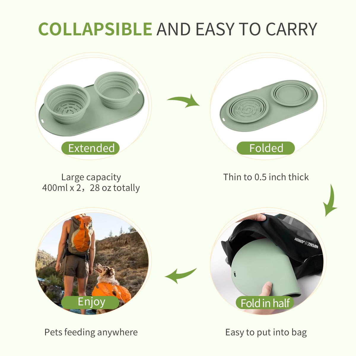 Puppy Dog Bowl,Travel Bowls Dog Food Bowls&Dog Water Bowls,No Spills,Collapsible Double Bowl,Suitable for Small and Medium Sized Dogs(Green)