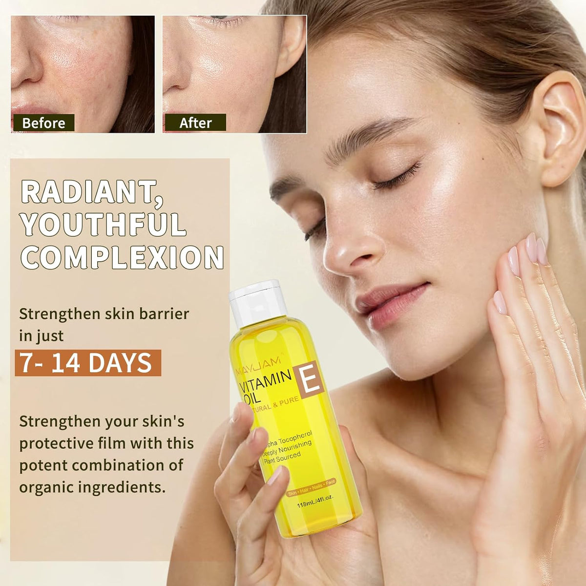 Organic Vitamin E Oil 50,000 IU for Skin, Pure & Natural Vitamine oils for Scars Hair, Face, Nail, Scalp Bath and Body Oil, Tocopherol to Repair Damaged Skin, Moisturizing Dry Skin, 4 Fl Oz