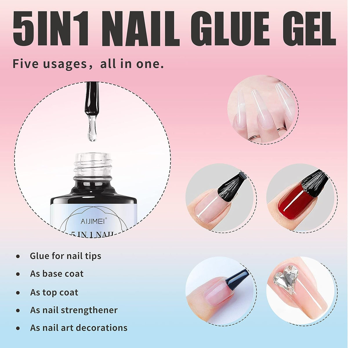 AIJIMEI 5 in 1 Nail Glue Gel False Nail Glues for Acrylic Nails Nail Tips Clear Press On Nail Gel Base Coat Top Coat Nail Extension Gel Adhesive Rhinestone Glue Nail Strengthener Required