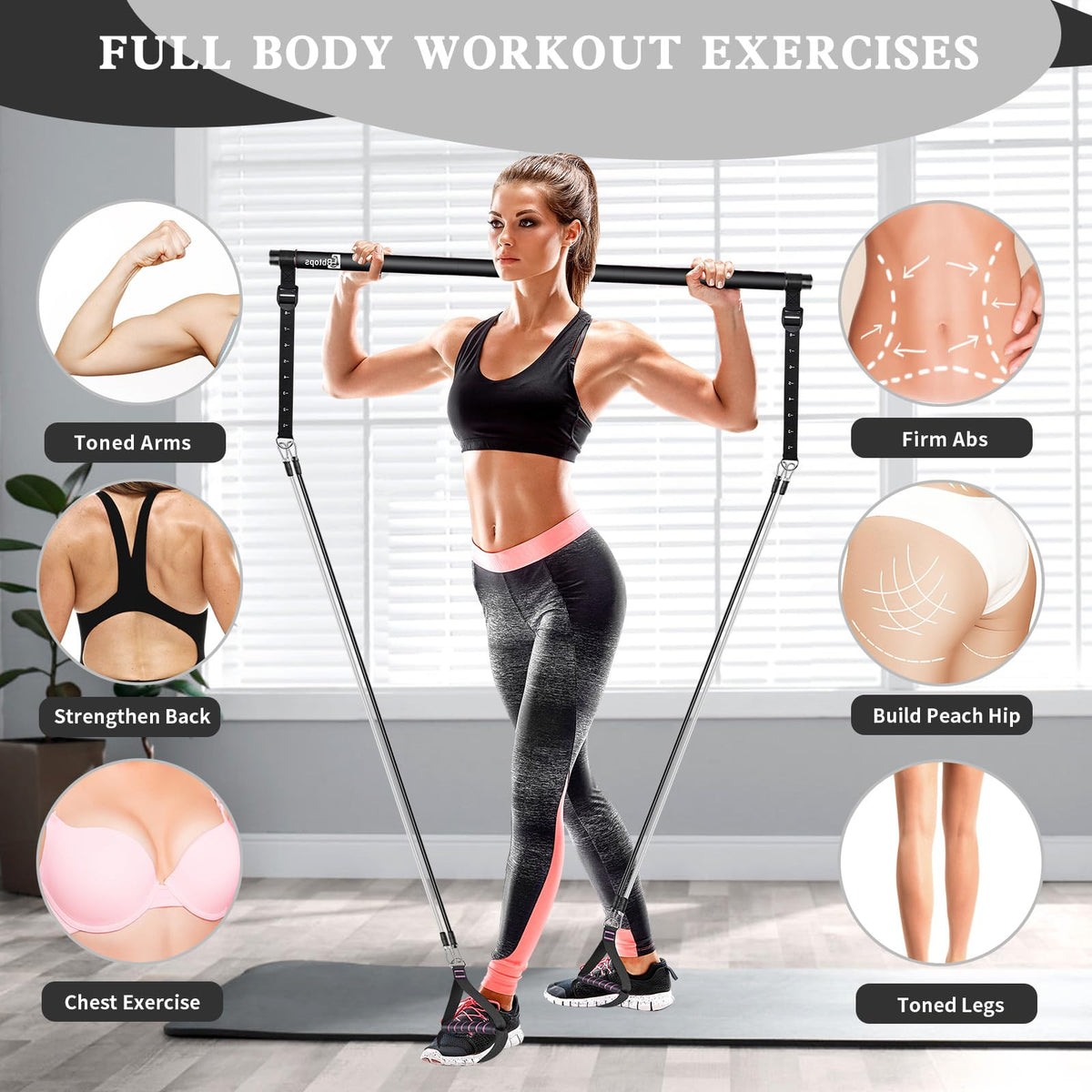 Bbtops Pilates Bar Kit with Resistance Bands, Flexbands Kit Exercise Fitness Equipment for Women & Men Home Gym Yoga, Multifunctional Pilates Bar Full Body Workout Equipment Black