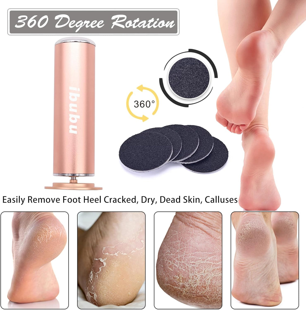Electric Feet Callus Remover Gold Professional Powerful Foot File Pedicure Grinder Sanders with 60PCS Replacement Sandpaper Discs Heel Scraper for Dead Dry Crack Skin Calluses Speed Adjustable