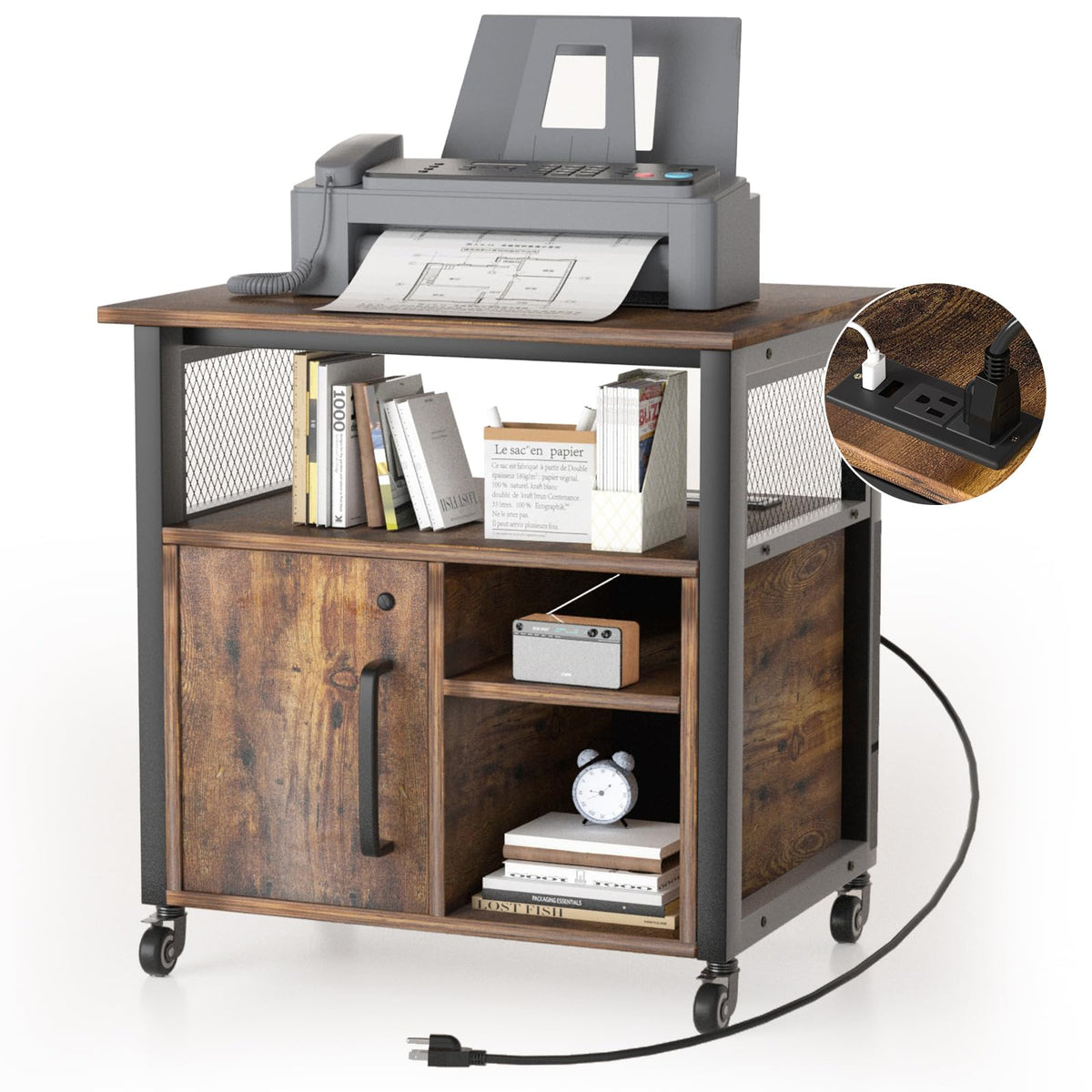 URLINE Lateral File Cabinet, Locking Office Filing Cabinets with Socket and USB Charging Port,printer cart with storage，Modern Rolling Printer Stand with Storage for Printer Scanner Fax，Brown