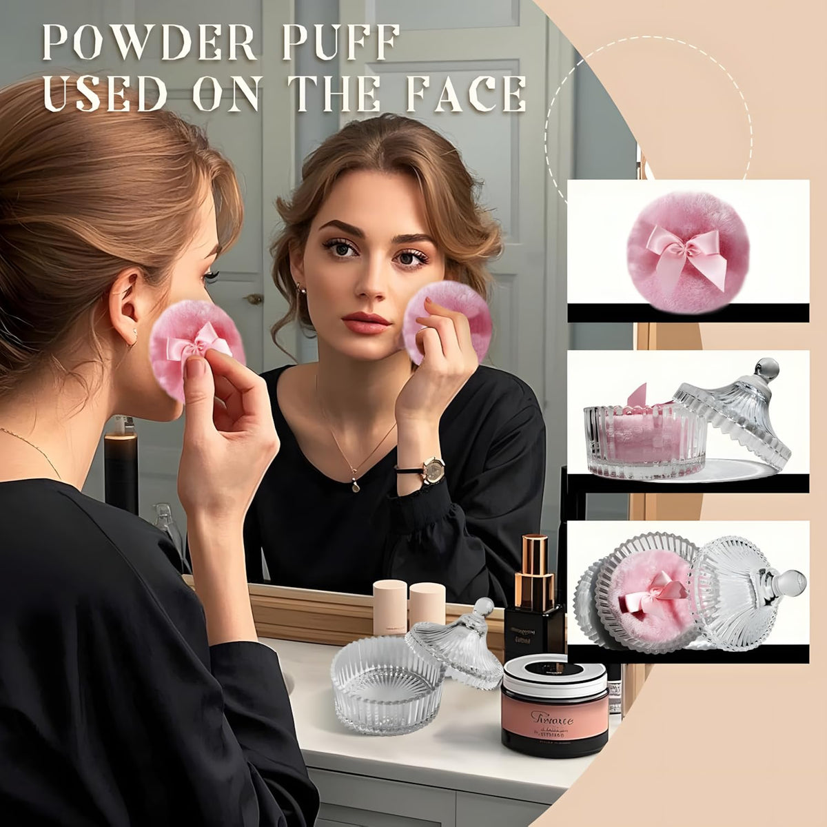 2 Pcs Large Body Powder Puff and Container Powder Container with Puff Powder Puff Crystal Container Soft Washable Reusable Velour Face Body Glitter Powder Puff Wet Dry Makeup (Pink)