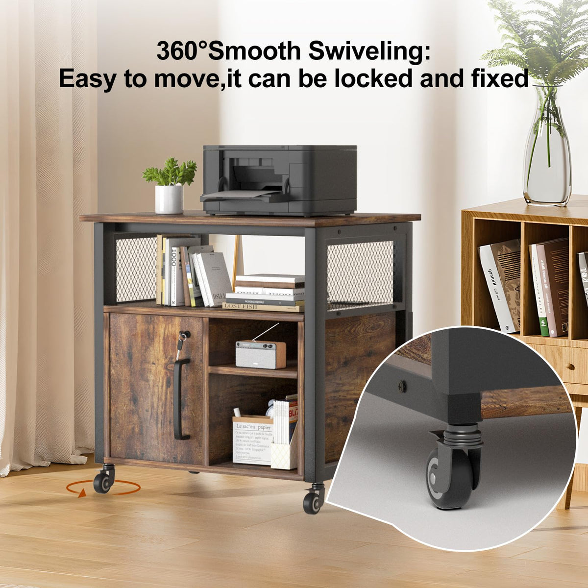 URLINE Lateral File Cabinet, Locking Office Filing Cabinets with Socket and USB Charging Port,printer cart with storage，Modern Rolling Printer Stand with Storage for Printer Scanner Fax，Brown