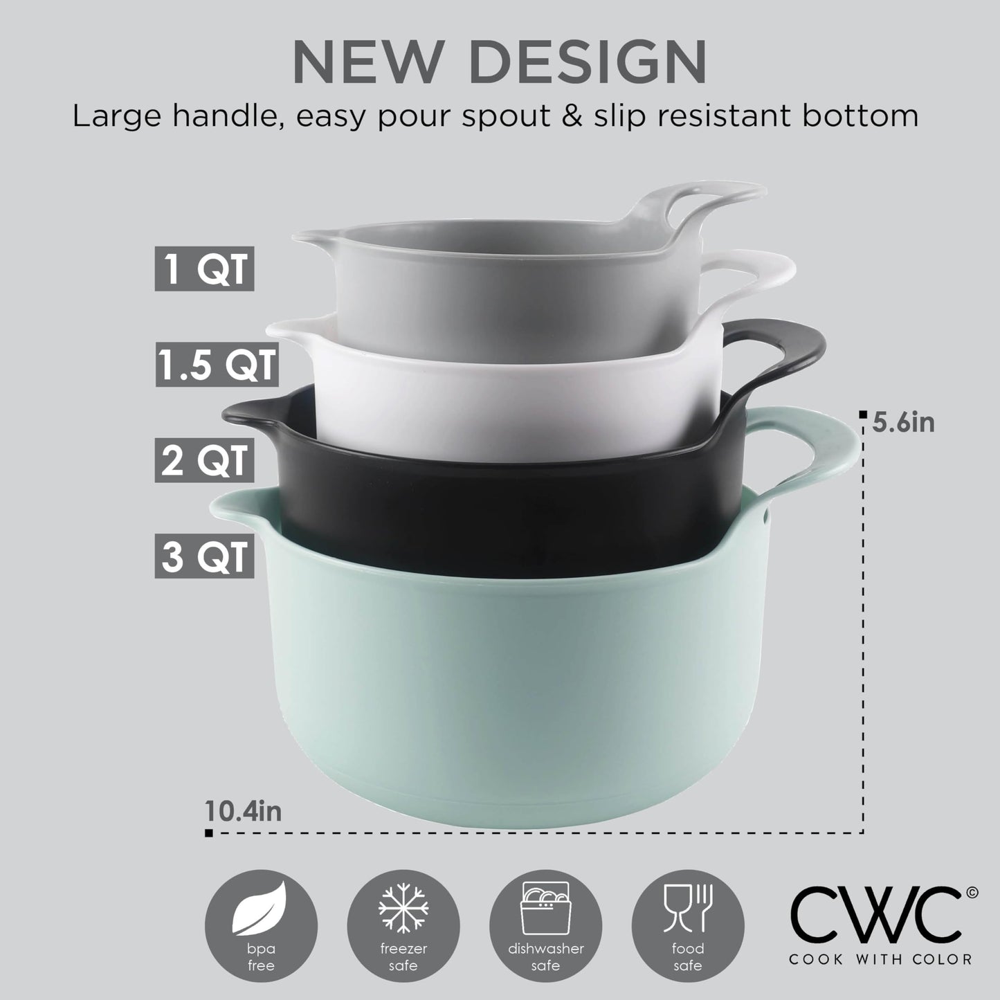 COOK WITH COLOR Nesting Plastic Mixing Bowl Set with Pour Spouts and Handles, Mint, 4 Piece Non-Slip
