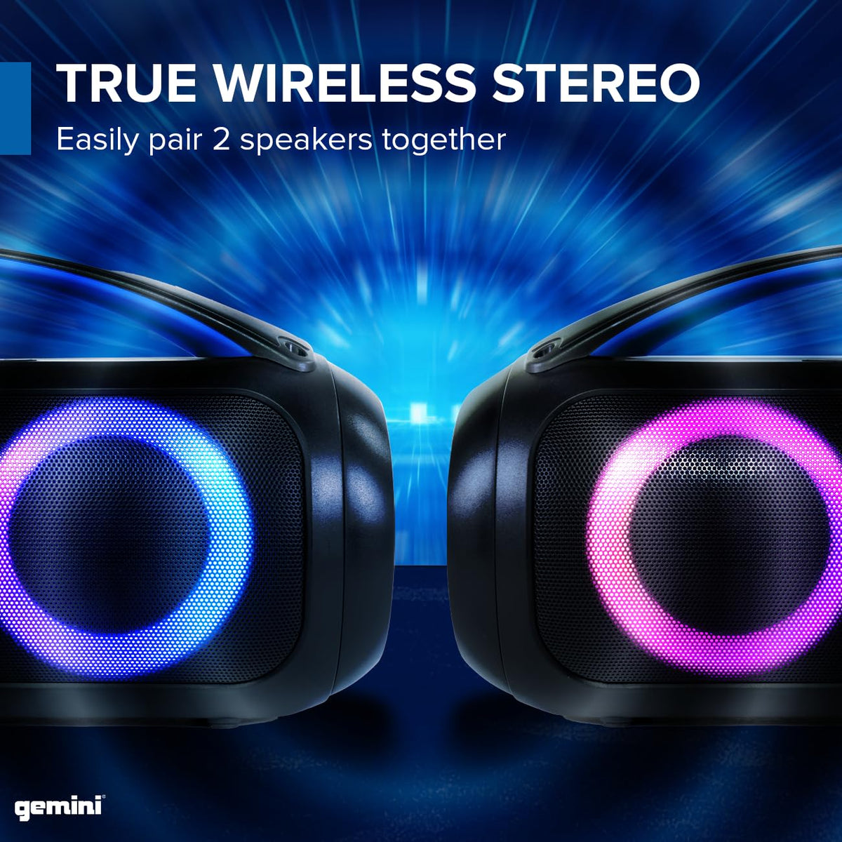 Gemini Portable Bluetooth Boombox Speaker with Deep Bass, LED Party Lights, FM Radio, USB, Mic Input & 7-Hour Battery – Rechargeable Wireless Speaker for Travel, Gym, or Home Use (GGO-230L)